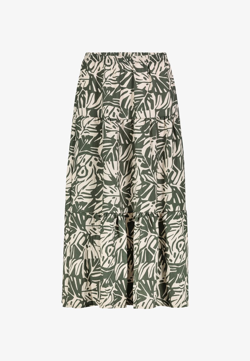 Groene en crèmekleurige gelaagde rok met een botanische print. Gemaakt van lichtgewicht stof, met een elastische tailleband en een vloeiende silhouette.