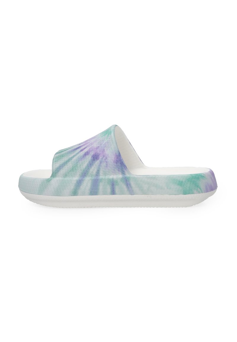 Sandály s otevřenou špičkou s tie-dye vzorem v tyrkysové, levandulové a bílé barvě. Vyrobené z měkkého materiálu s žebrovanou strukturou a plochou podrážkou.
