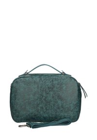 Borsa in ecopelle turchese di forma rettangolare, con texture liscia, manico superiore e tracolla rimovibile; dotata di chiusura con zip.