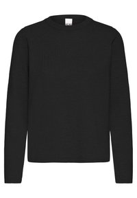 Pull noir à manches longues en tissu côtelé avec un col rond et une coupe droite, présentant des coutures minimales et aucun accent visible.