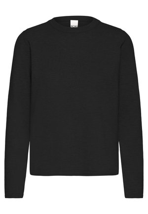 Pulover negru cu mâneci lungi, confecționat din material reiat, cu un decolteu rotund și croială dreaptă, având cusături minime și fără accente vizibile.