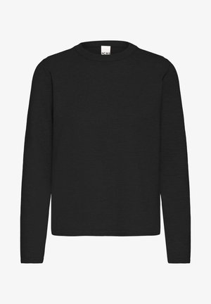 Must pika varrukaga kampsun, mis on valmistatud ribikangast, ümar kaelus ja sirge lõige, vähe õmblusi ning puuduvad nähtavad detailid.