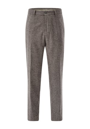 Tailored trousers in a grey, textured fabric with a button closure, standard waist, and straight leg cut. No visible patterns or accents.
