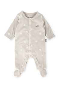 Body per bambini beige realizzato in morbido cotone, con chiusura frontale a bottoni automatici, maniche lunghe e stampa a motivo corona. Include design con piedi.