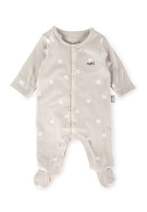 Beige Babykombination aus weichem Baumwollmaterial, mit Druckknopfverschluss vorn, langen Ärmeln und Krone-Muster. Mit Fußdesign.