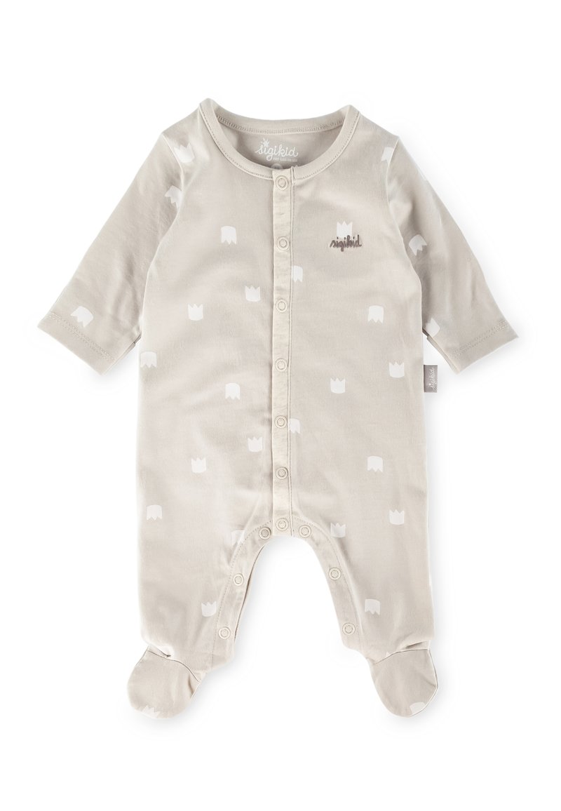 Body per bambini beige realizzato in morbido cotone, con chiusura frontale a bottoni automatici, maniche lunghe e stampa a motivo corona. Include design con piedi.