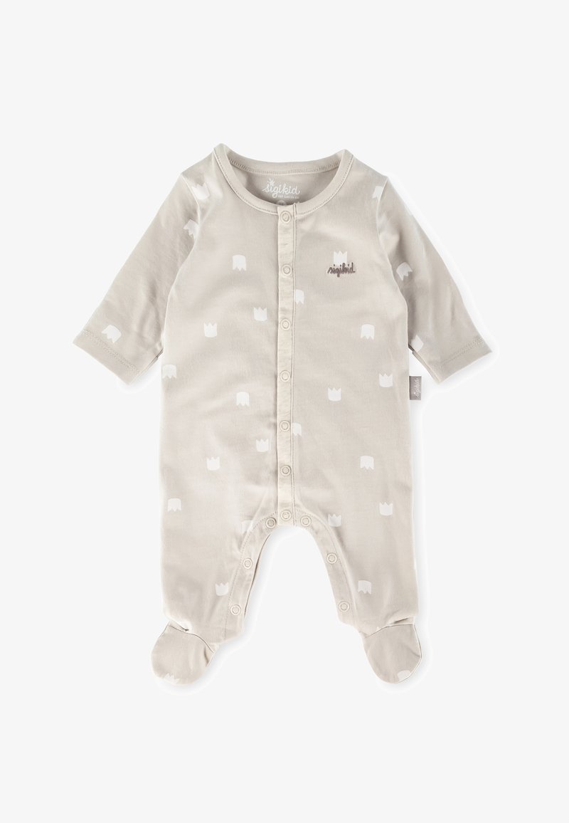 Body per bambini beige realizzato in morbido cotone, con chiusura frontale a bottoni automatici, maniche lunghe e stampa a motivo corona. Include design con piedi.