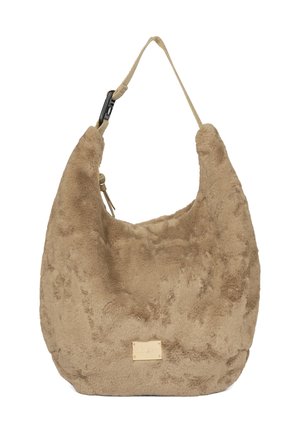 Borsa a tracolla beige in morbido tessuto con silhouette curva, dal texture morbido, con una singola tracolla e un'etichetta del marchio in tonalità oro sul davanti.