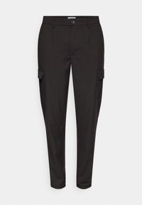 Zwarte cargobroek met slim fit, taps toelopende pijpen, twee zijzakken op de heup, geweven stof en een knoopsluiting.