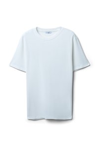 T-shirt bianco in cotone con maniche corte, scollo rotondo e finitura testurizzata. Etichetta visibile all'area del collo. Design semplice e minimale.