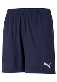 Námornícky modré športové šortky vyrobené z ľahkej látky s elastickým pásom a bielym logom Puma na pravej dolnej nohe.