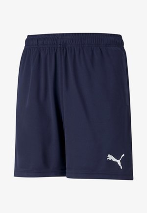 Dunkelblaue Sportshorts aus leichtem Material mit einem elastischen Bund und einem weißen Puma-Logo am unteren rechten Bein.