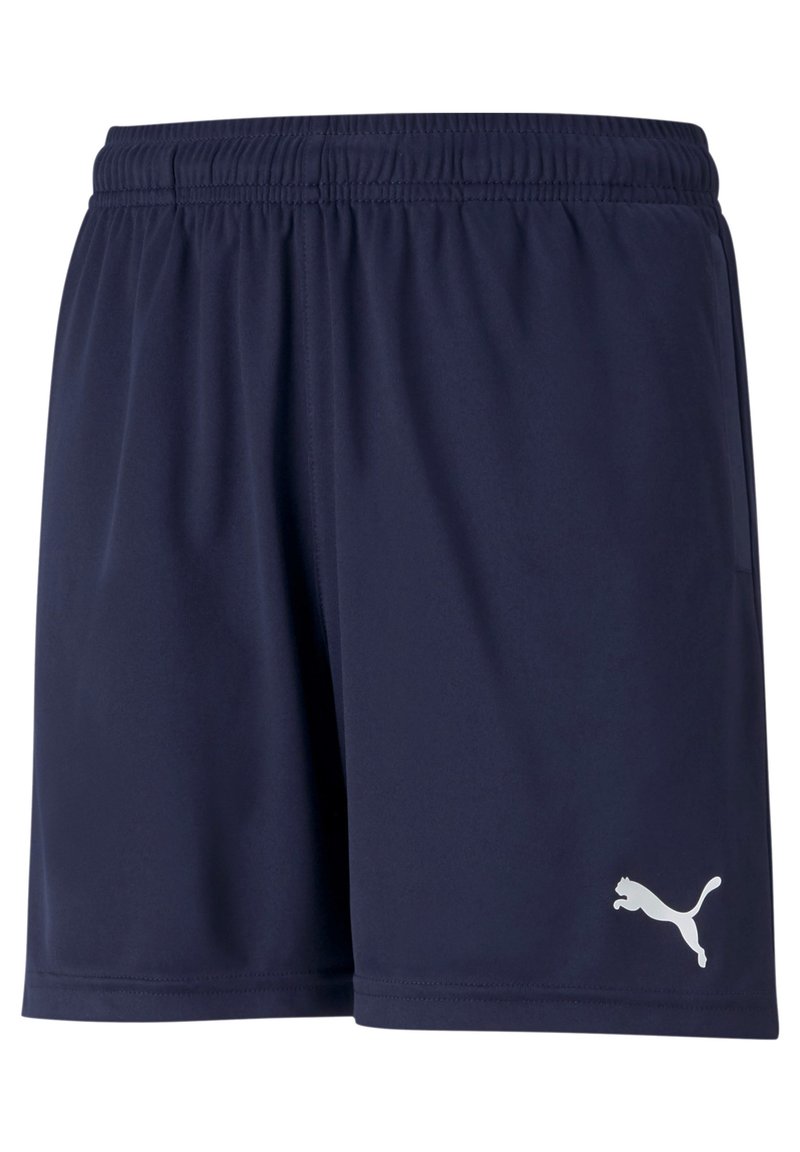 Námornícky modré športové šortky vyrobené z ľahkej látky s elastickým pásom a bielym logom Puma na pravej dolnej nohe.