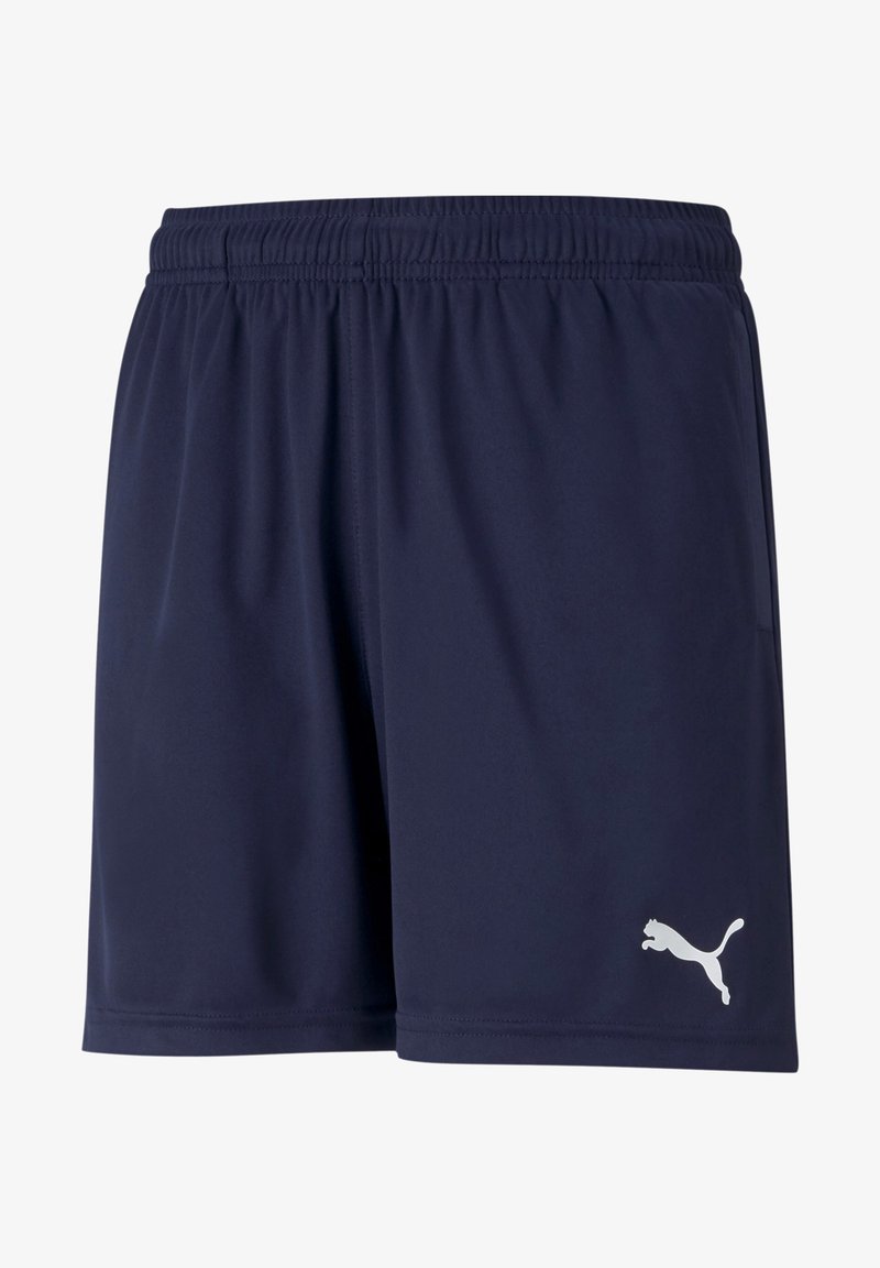Σκούρα μπλε αθλητικά σορτς κατασκευασμένα από ελαφρύ ύφασμα με ελαστική μέση και λευκό λογότυπο Puma στο κάτω δεξί πόδι.