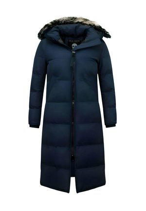 Donkerblauwe gewatteerde jas met een capuchon afgezet met bont, ritssluiting en twee zijzakken; gewatteerd patroon met een gladde afwerking.