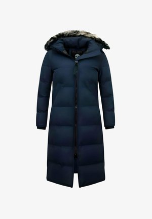 Donkerblauwe gewatteerde jas met een capuchon afgezet met bont, ritssluiting en twee zijzakken; gewatteerd patroon met een gladde afwerking.