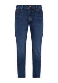 Ciemnoniebieskie dżinsy o slim fit, z pięcioma kieszeniami, zapinane na guzik, z kontrastowymi przeszyciami i gładką fakturą.