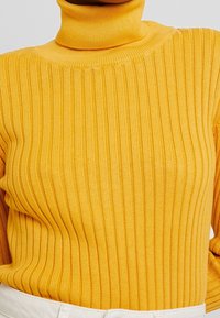 Maglione a collo alto giallo a coste realizzato in tessuto lavorato a maglia. Presenta un design aderente con righe verticali e un colletto alto.