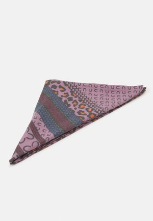 Folded triangular scarf with multicolor patterns including leopard print, purple background, and blue and orange geometric stripes.