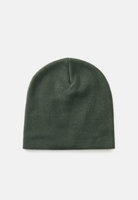 Căciulă tricotată verde, cu o textură moale, cu vârful rotund și o potrivire strânsă. Prezintă un design minimalistic, fără modele sau accente vizibile.