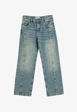 Jeans de mezclilla en azul claro con un diseño de tiro alto, forma recta en las piernas y acentos de tachuelas a lo largo de las costuras laterales.