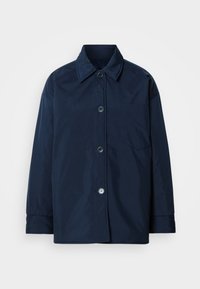 Giacca blu navy a maniche lunghe realizzata in tessuto liscio. Presenta un collo con rever, bottoni frontali e una tasca sul petto. Senza motivi visibili.