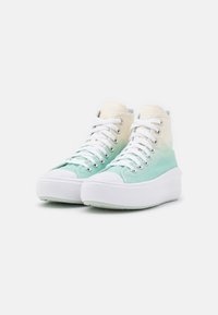 Zapatillas altas en lona verde menta y crema con suela de goma blanca, que cuentan con ojales de metal y cordones blancos, además de una puntera texturizada.