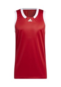 Rotes ärmelloses Sporttrikot mit weißem Kragen und Ärmelbesatz, das das Adidas-Logo mittig unter dem Ausschnitt trägt.
