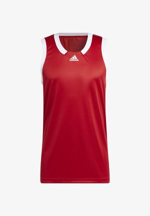 Maglietta sportiva rossa senza maniche con colletto e bordi bianchi, caratterizzata dal logo Adidas centrato sotto il colletto.