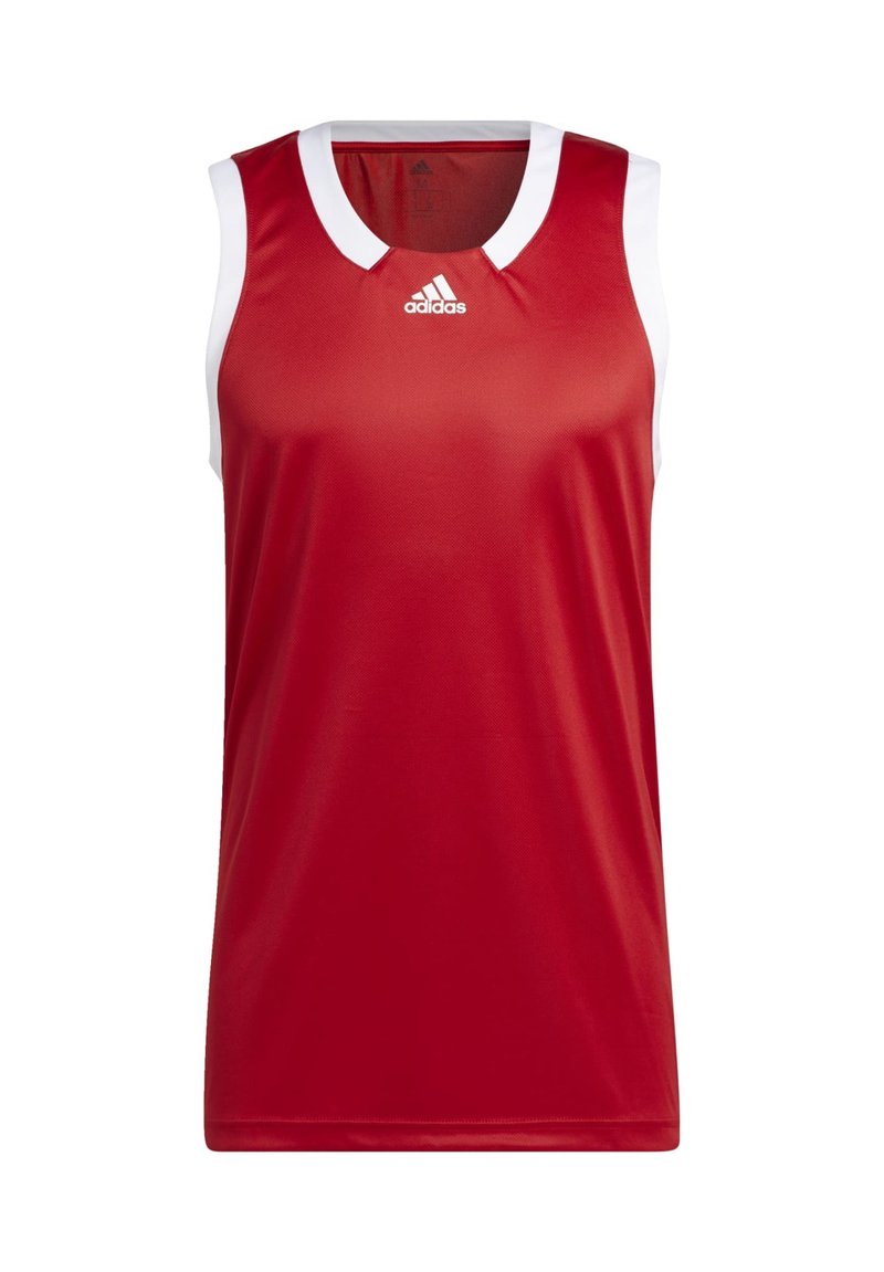 Czerwona bezrękawnik sportowy z białym kołnierzykiem i wykończeniem rękawów, z logo Adidas umieszczonym pośrodku poniżej dekoltu.