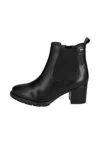 Stivale alla caviglia in pelle nera con tacco a blocco, pannello elastico laterale, zip interna e linguetta sul retro.