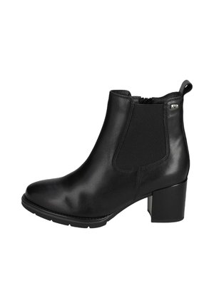 Stivale alla caviglia in pelle nera con tacco a blocco, pannello elastico laterale, zip interna e linguetta sul retro.
