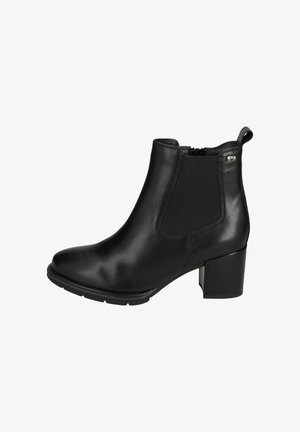 Botín negro de cuero hasta el tobillo con tacón cuadrado, panel lateral elástico, cremallera interior y tira en la parte trasera.