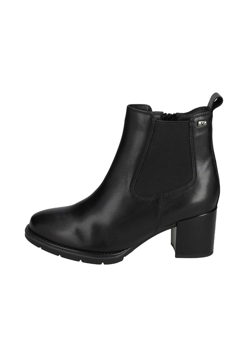 Stivale alla caviglia in pelle nera con tacco a blocco, pannello elastico laterale, zip interna e linguetta sul retro.