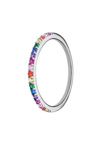Meerkleurige edelsteen bandring in zilver, met een rij kleine, ronde, ingelegde edelstenen in regenboogtinten langs de buitenrand.