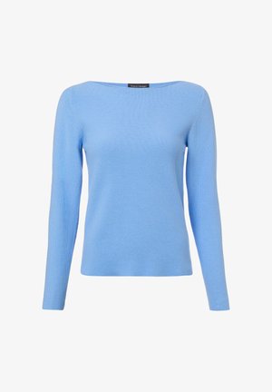 Light blue long-sleeve knit sweater with boat neckline, textured fabric, and slim fit, displayed on a plain white background.