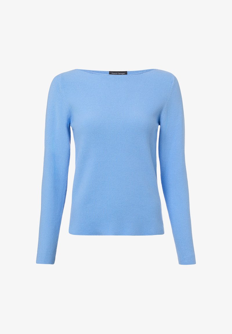 Hellblauer Langarm-Strickpullover mit U-Boot-Ausschnitt, strukturiertem Stoff und schmaler Passform, auf weißem Hintergrund dargestellt.