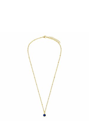 Gold-tone chain necklace featuring a delicate, round blue gemstone pendant. Chain has a fine link design and a clasp with an adjustable length.