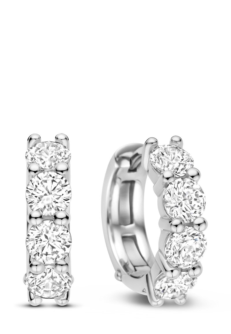 Silberne Creolen-Ohrringe mit einer Reihe runder, klarer Kristalle in einem eleganten, polierten Design. Die Oberfläche ist glatt und reflektierend.