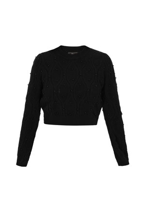 Czarny krótkie sweter z teksturowanym wzorem w romby. Posiada długie rękawy i dekoracyjne koraliki rozmieszczone na całej tkaninie. Wykonany z materiału dzianinowego.