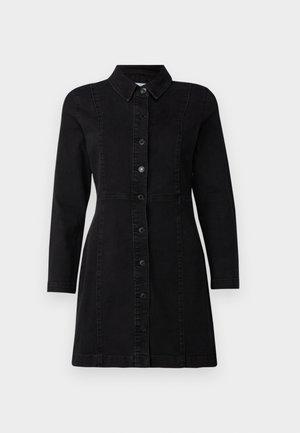 Black denim dress with a collared neck, long sleeves, and front buttons. Features a fitted design with two vertical seams and a slightly flared hem.