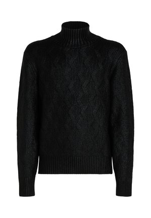 Pull en tricot noir avec un col roulé côtelé et un motif texturé comportant des formes de diamants interconnectées. Manches et ourlet côtelés.