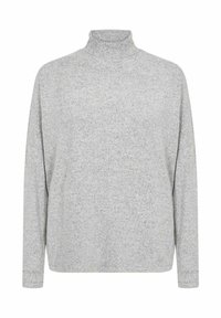 Lysegrå turtleneck sweater med en afslappet pasform, lange ærmer og et blødt, tekstureret stof med et subtilt spraglet mønster.