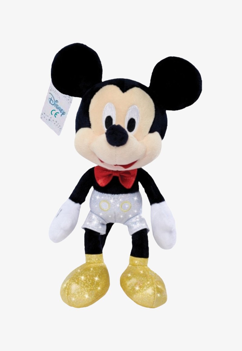 Peluche Mickey Mouse avec une tête en tissu noir, un nœud papillon rouge, un short argenté scintillant, des gants blancs et des chaussures brillantes dorées.