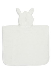 Witte capuchonhanddoek gemaakt van pluche badstof, met konijnenoren op de capuchon. Zachte textuur, rechthoekige vorm en geen zichtbare patronen.