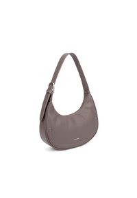 Gray leather shoulder bag with a curved silhouette, flat strap, and subtle stitching detail. Features a zippered top opening.