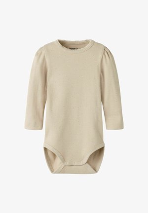 Langsleeve baby bodysuit in lichtbeige ribbelstof met subtiele metallic deeltjes, ronde halslijn en drukknoopsluitingen onderaan.