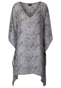 Kaftan trasparente bianco e nero con scollatura a V, caratterizzato da un motivo astratto di stampe animali e forme geometriche, maniche ampie e spacchi laterali.