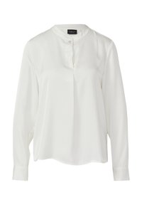 Weiße Langarmbluse mit Mandarin-Kragen und einer dekorativen Knopfverschluss am Ausschnitt.