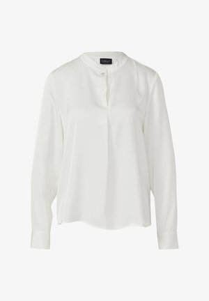 Weiße Langarmbluse mit Mandarin-Kragen und einer dekorativen Knopfverschluss am Ausschnitt.
